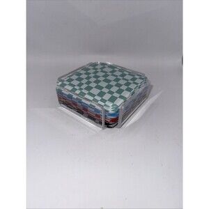 set of checkered acrylic coasters in a clear acrylic case